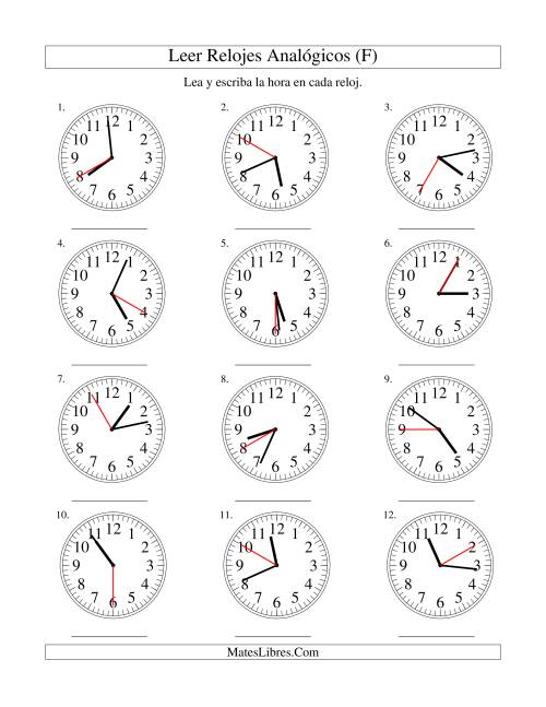 La hoja de ejercicios de Leer la Hora en un Reloj Analógico en Intervalos de 5 Segundos (F)