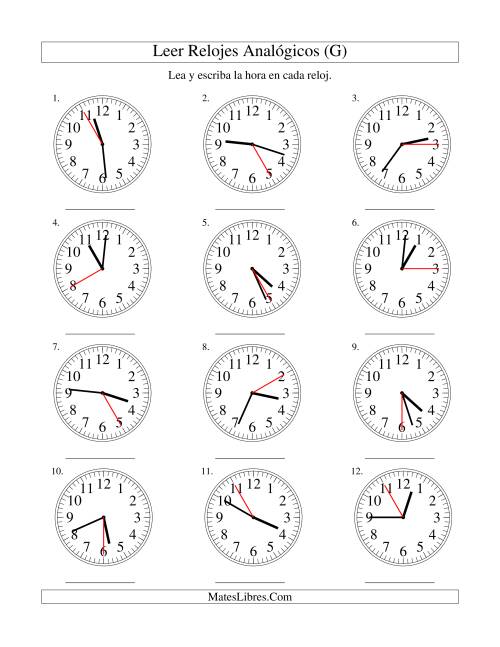 La hoja de ejercicios de Leer la Hora en un Reloj Analógico en Intervalos de 5 Segundos (G)