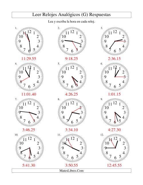 La hoja de ejercicios de Leer la Hora en un Reloj Analógico en Intervalos de 5 Segundos (G) Página 2