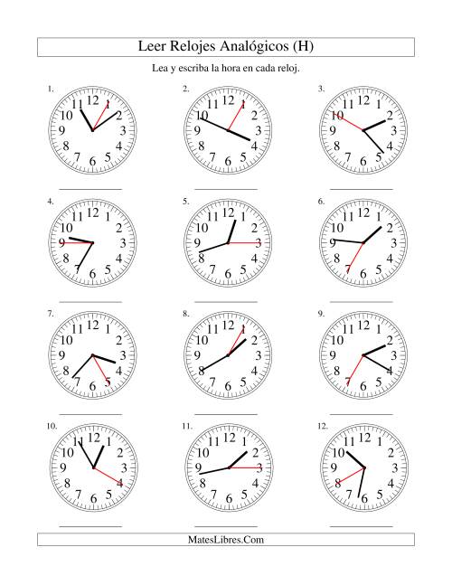 La hoja de ejercicios de Leer la Hora en un Reloj Analógico en Intervalos de 5 Segundos (H)