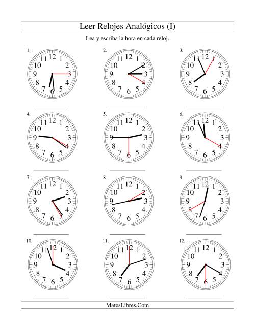 La hoja de ejercicios de Leer la Hora en un Reloj Analógico en Intervalos de 5 Segundos (I)