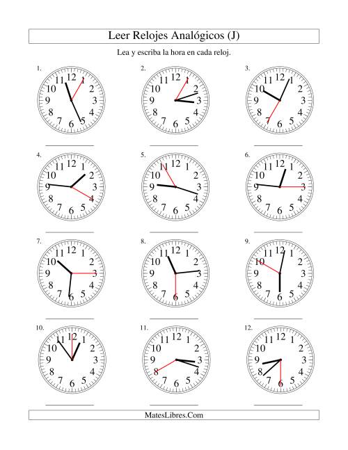 La hoja de ejercicios de Leer la Hora en un Reloj Analógico en Intervalos de 5 Segundos (J)