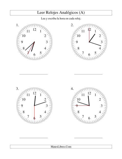 La hoja de ejercicios de Leer la Hora en un Reloj Analógico en Intervalos de 5 Segundos (Grande)