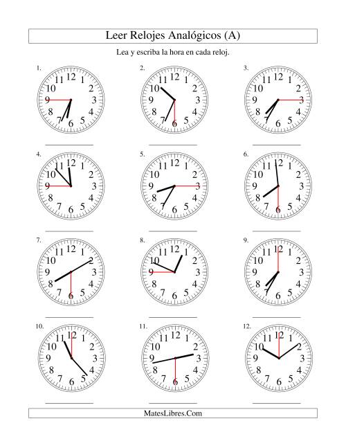 La hoja de ejercicios de Leer la Hora en un Reloj Analógico en Intervalos de 15 Segundos (A)