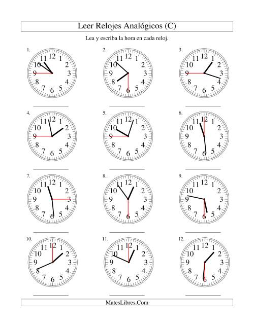 La hoja de ejercicios de Leer la Hora en un Reloj Analógico en Intervalos de 15 Segundos (C)