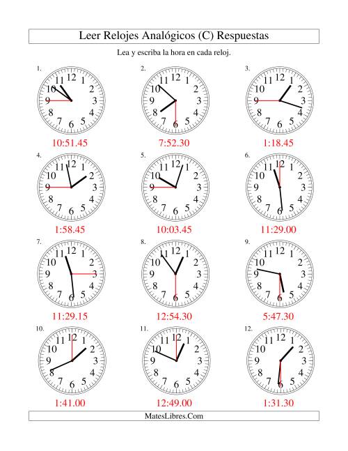 La hoja de ejercicios de Leer la Hora en un Reloj Analógico en Intervalos de 15 Segundos (C) Página 2