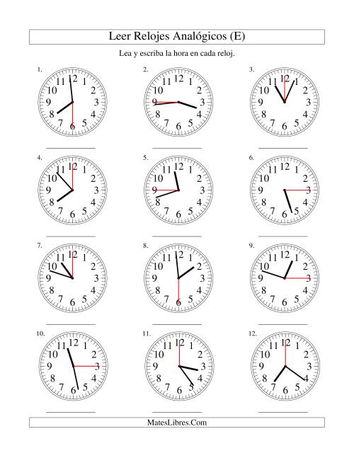 La hoja de ejercicios de Leer la Hora en un Reloj Analógico en Intervalos de 15 Segundos (E)
