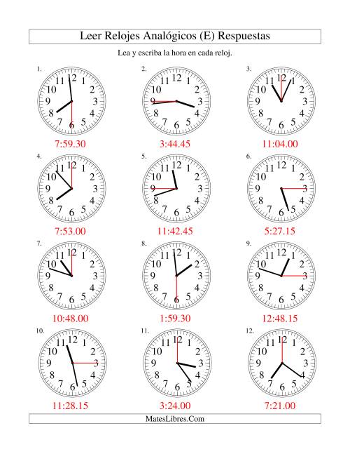 La hoja de ejercicios de Leer la Hora en un Reloj Analógico en Intervalos de 15 Segundos (E) Página 2