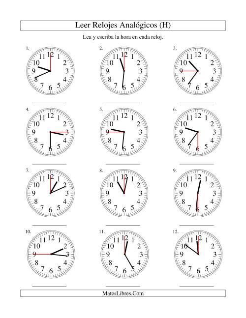 La hoja de ejercicios de Leer la Hora en un Reloj Analógico en Intervalos de 15 Segundos (H)