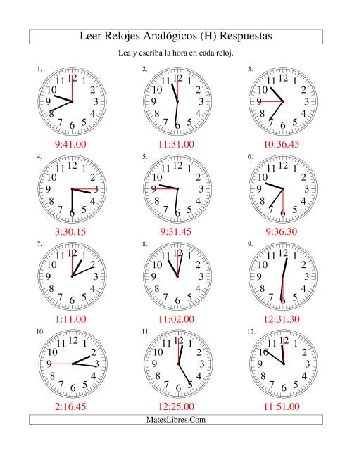 La hoja de ejercicios de Leer la Hora en un Reloj Analógico en Intervalos de 15 Segundos (H) Página 2