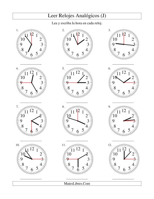 La hoja de ejercicios de Leer la Hora en un Reloj Analógico en Intervalos de 15 Segundos (J)