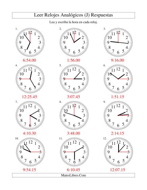 La hoja de ejercicios de Leer la Hora en un Reloj Analógico en Intervalos de 15 Segundos (J) Página 2