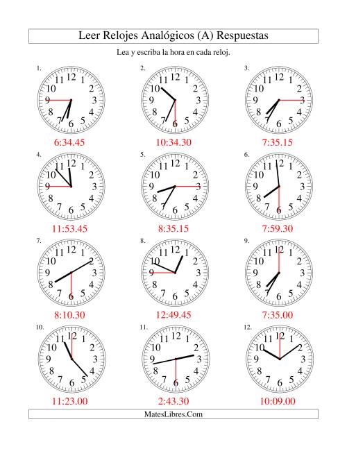 La hoja de ejercicios de Leer la Hora en un Reloj Analógico en Intervalos de 15 Segundos (Todas) Página 2