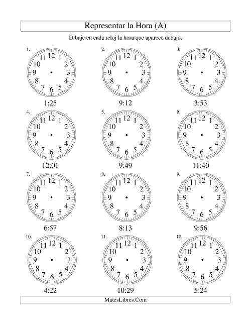 La hoja de ejercicios de Representar la Hora en un Reloj Analógico en Intervalos de 1 Minuto (A)