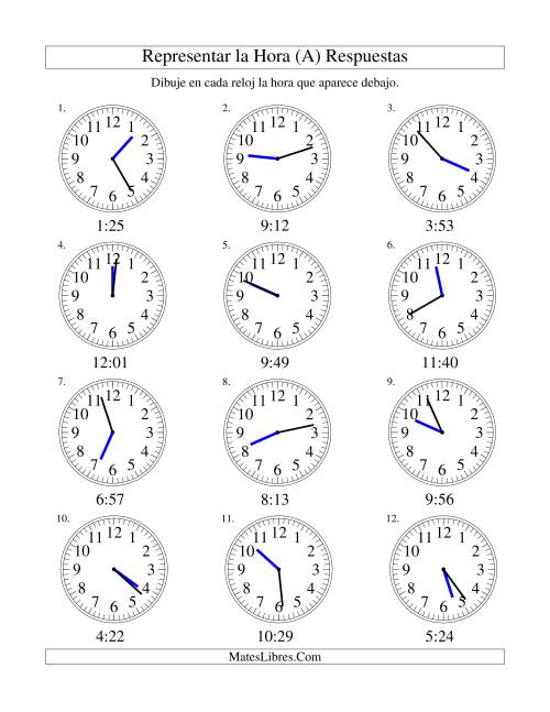 La hoja de ejercicios de Representar la Hora en un Reloj Analógico en Intervalos de 1 Minuto (A) Página 2