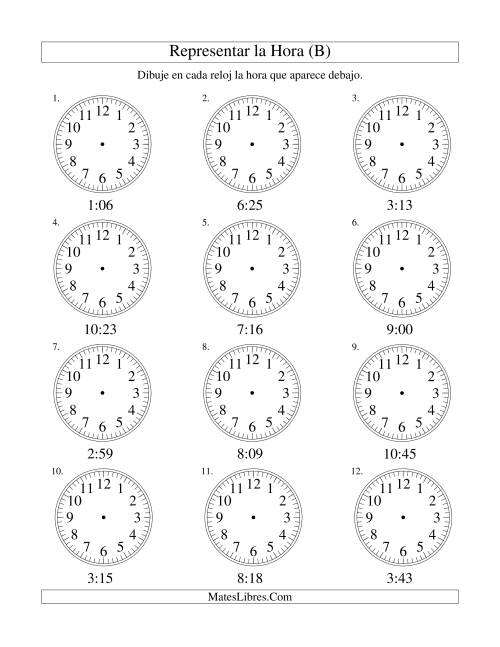 La hoja de ejercicios de Representar la Hora en un Reloj Analógico en Intervalos de 1 Minuto (B)