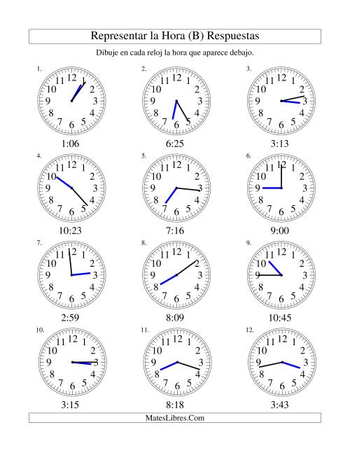 La hoja de ejercicios de Representar la Hora en un Reloj Analógico en Intervalos de 1 Minuto (B) Página 2