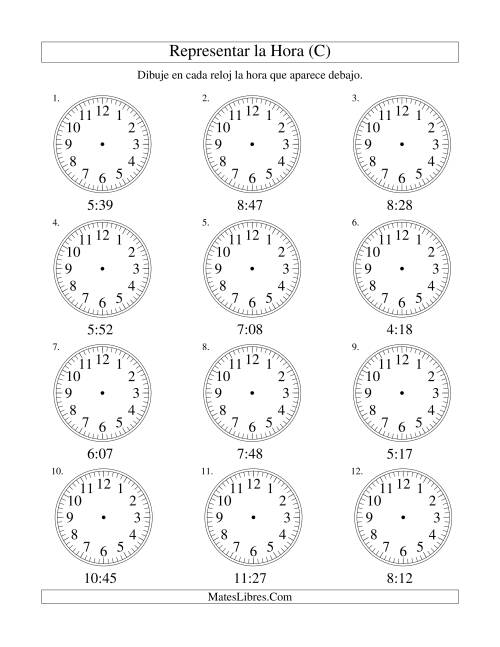 La hoja de ejercicios de Representar la Hora en un Reloj Analógico en Intervalos de 1 Minuto (C)