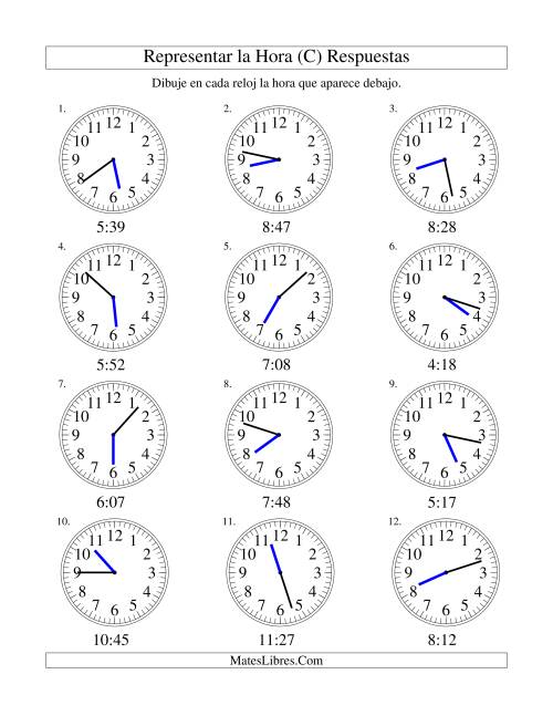 La hoja de ejercicios de Representar la Hora en un Reloj Analógico en Intervalos de 1 Minuto (C) Página 2