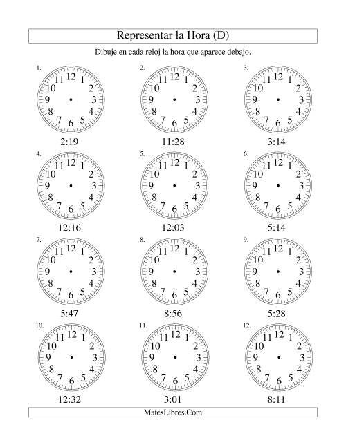 La hoja de ejercicios de Representar la Hora en un Reloj Analógico en Intervalos de 1 Minuto (D)