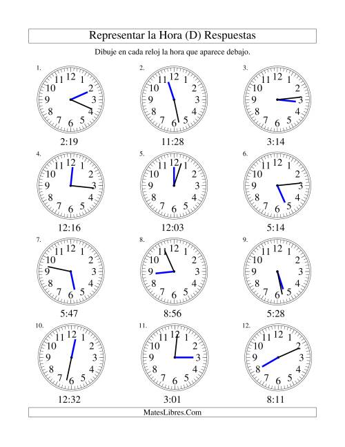 La hoja de ejercicios de Representar la Hora en un Reloj Analógico en Intervalos de 1 Minuto (D) Página 2