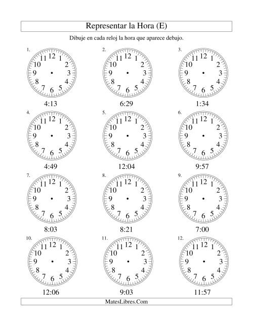 La hoja de ejercicios de Representar la Hora en un Reloj Analógico en Intervalos de 1 Minuto (E)