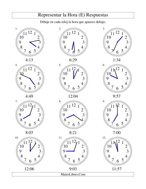 La hoja de ejercicios de Representar la Hora en un Reloj Analógico en Intervalos de 1 Minuto (E) Página 2