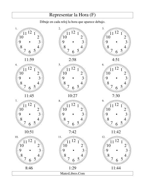 La hoja de ejercicios de Representar la Hora en un Reloj Analógico en Intervalos de 1 Minuto (F)