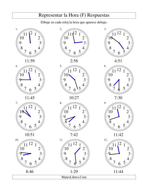 La hoja de ejercicios de Representar la Hora en un Reloj Analógico en Intervalos de 1 Minuto (F) Página 2