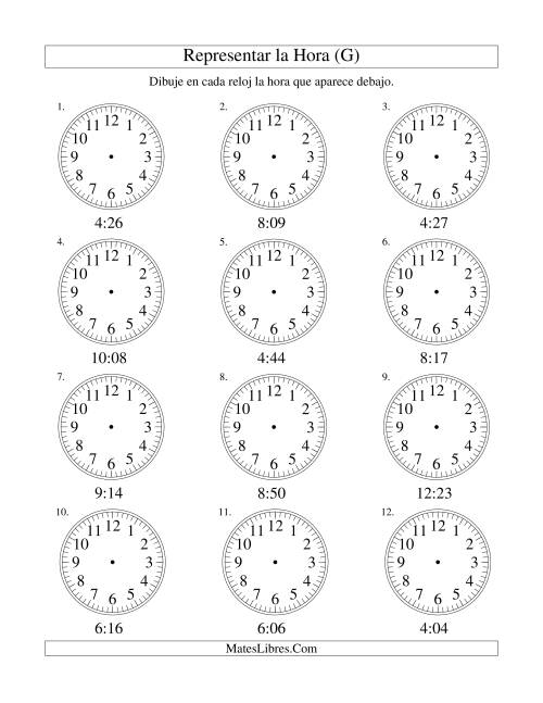 La hoja de ejercicios de Representar la Hora en un Reloj Analógico en Intervalos de 1 Minuto (G)