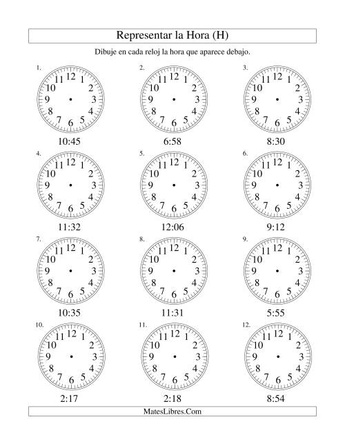 La hoja de ejercicios de Representar la Hora en un Reloj Analógico en Intervalos de 1 Minuto (H)