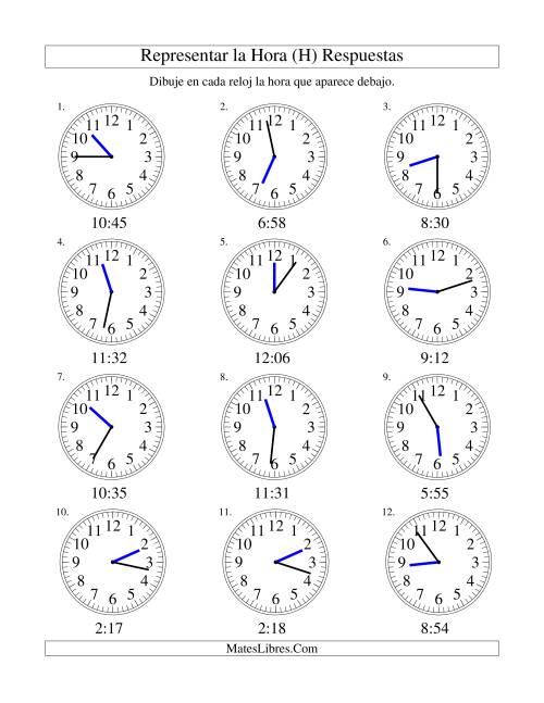 La hoja de ejercicios de Representar la Hora en un Reloj Analógico en Intervalos de 1 Minuto (H) Página 2