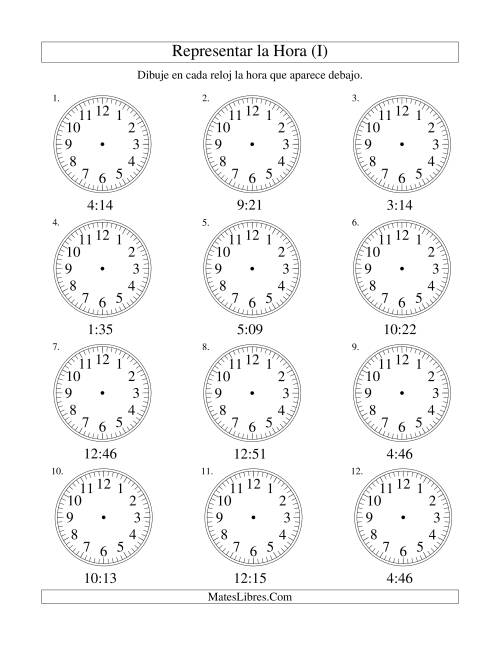 La hoja de ejercicios de Representar la Hora en un Reloj Analógico en Intervalos de 1 Minuto (I)