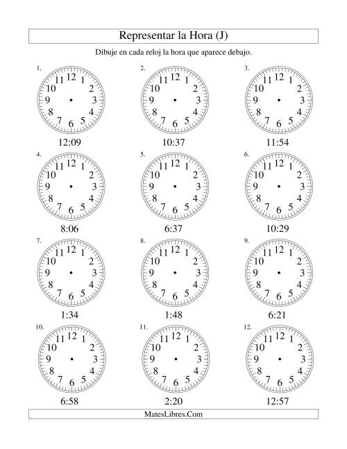 La hoja de ejercicios de Representar la Hora en un Reloj Analógico en Intervalos de 1 Minuto (J)