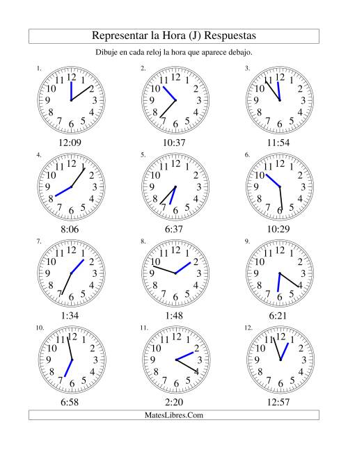 La hoja de ejercicios de Representar la Hora en un Reloj Analógico en Intervalos de 1 Minuto (J) Página 2