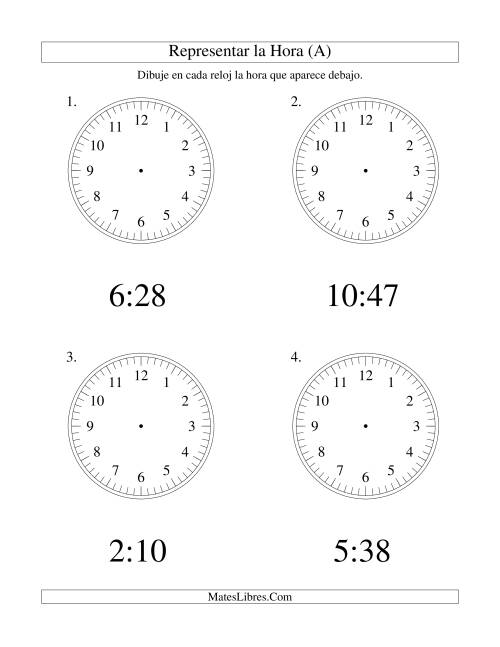 La hoja de ejercicios de Representar la Hora en un Reloj Analógico en Intervalos de 1 Minuto (Grande)