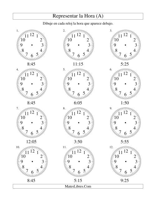 La hoja de ejercicios de Representar la Hora en un Reloj Analógico en Intervalos de 5 Minutos (A)