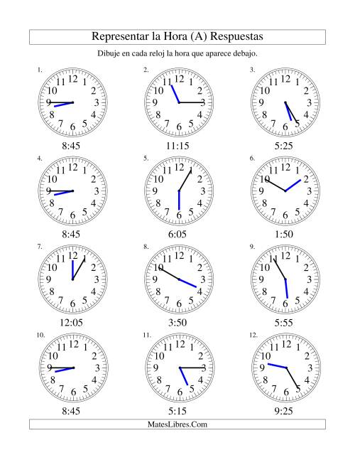 La hoja de ejercicios de Representar la Hora en un Reloj Analógico en Intervalos de 5 Minutos (A) Página 2