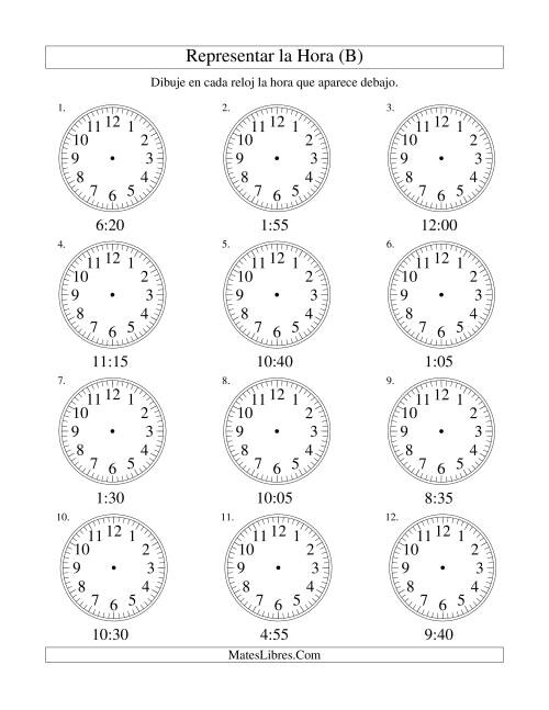 La hoja de ejercicios de Representar la Hora en un Reloj Analógico en Intervalos de 5 Minutos (B)