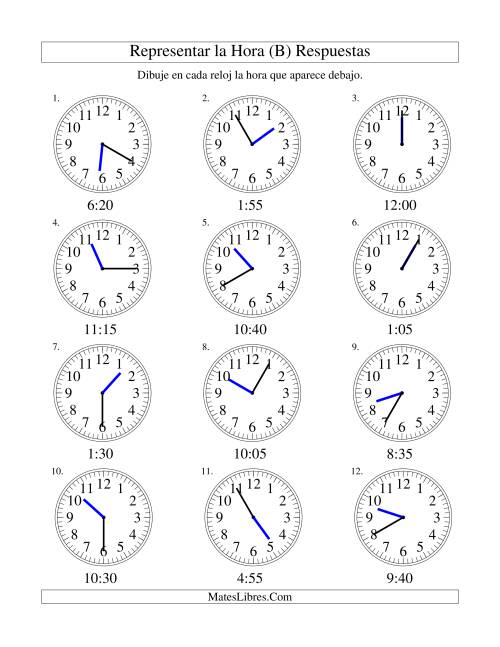 La hoja de ejercicios de Representar la Hora en un Reloj Analógico en Intervalos de 5 Minutos (B) Página 2