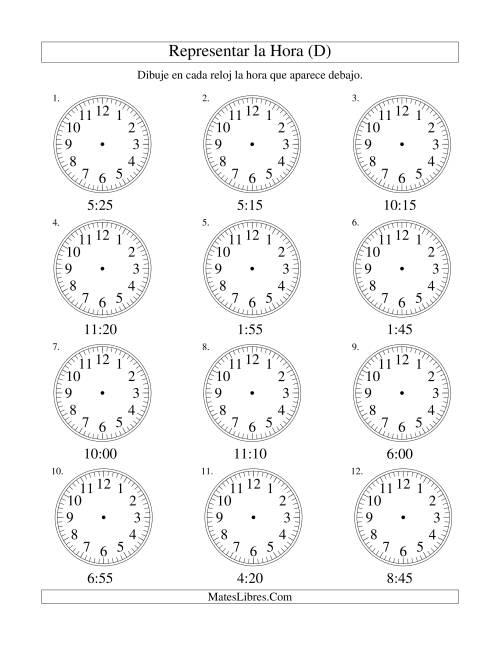 La hoja de ejercicios de Representar la Hora en un Reloj Analógico en Intervalos de 5 Minutos (D)