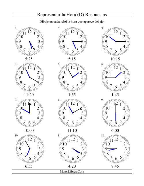 La hoja de ejercicios de Representar la Hora en un Reloj Analógico en Intervalos de 5 Minutos (D) Página 2