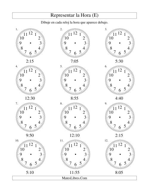 La hoja de ejercicios de Representar la Hora en un Reloj Analógico en Intervalos de 5 Minutos (E)