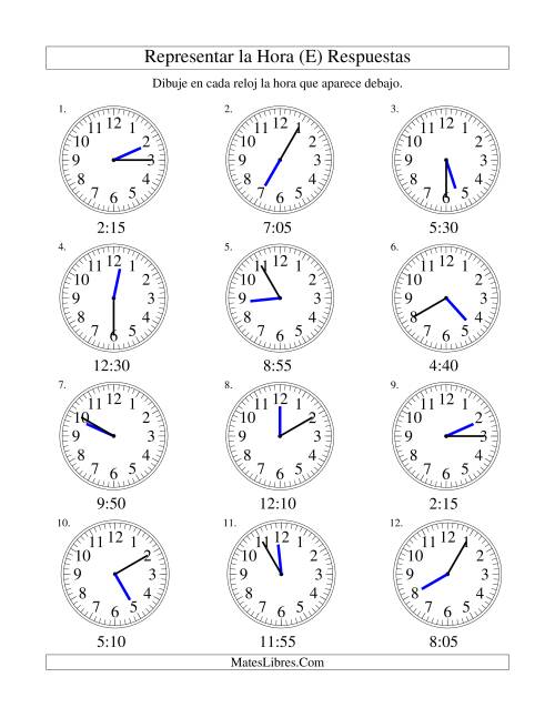 La hoja de ejercicios de Representar la Hora en un Reloj Analógico en Intervalos de 5 Minutos (E) Página 2