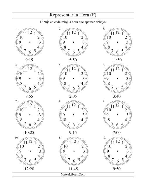 La hoja de ejercicios de Representar la Hora en un Reloj Analógico en Intervalos de 5 Minutos (F)