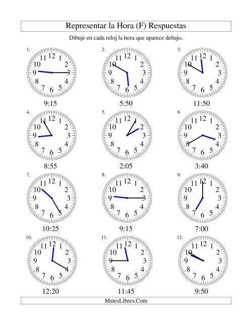 La hoja de ejercicios de Representar la Hora en un Reloj Analógico en Intervalos de 5 Minutos (F) Página 2