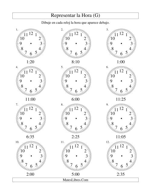 La hoja de ejercicios de Representar la Hora en un Reloj Analógico en Intervalos de 5 Minutos (G)