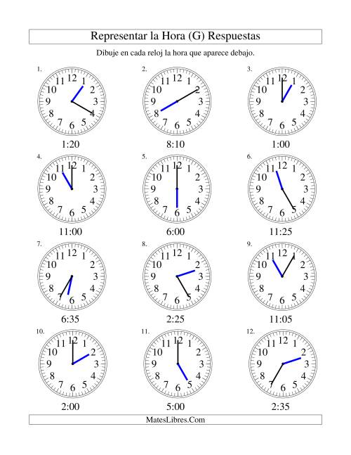 La hoja de ejercicios de Representar la Hora en un Reloj Analógico en Intervalos de 5 Minutos (G) Página 2