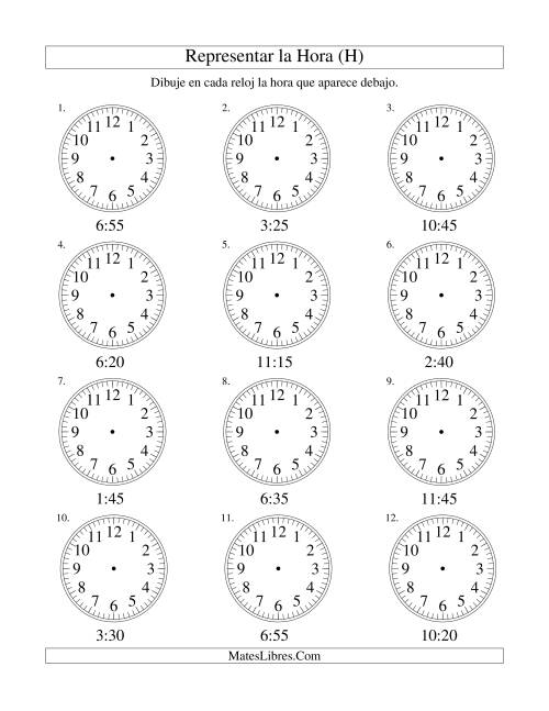 La hoja de ejercicios de Representar la Hora en un Reloj Analógico en Intervalos de 5 Minutos (H)