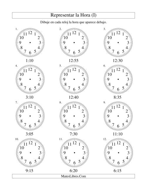 La hoja de ejercicios de Representar la Hora en un Reloj Analógico en Intervalos de 5 Minutos (I)